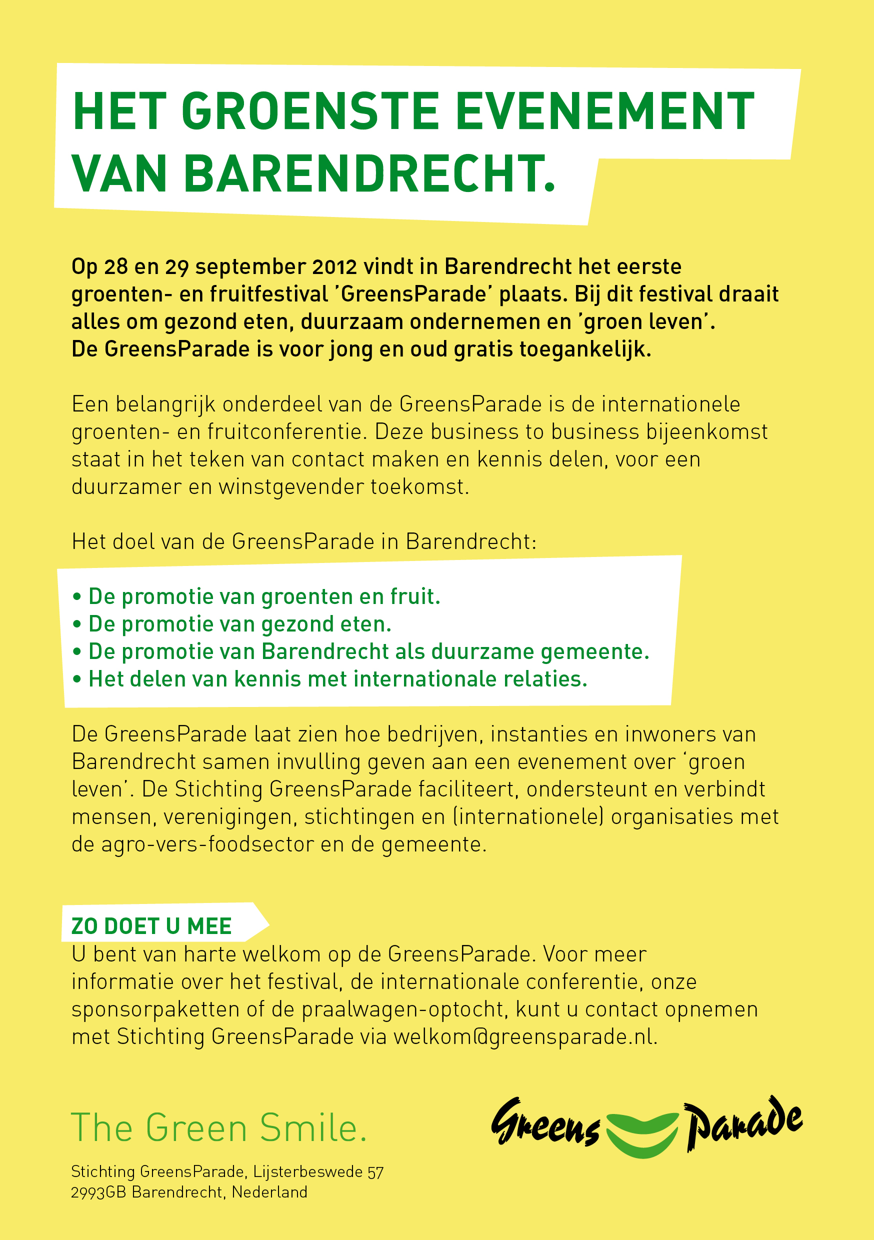 Flyer voor GreensParade ontwikkeld door reclamebureau Doen Communicatie